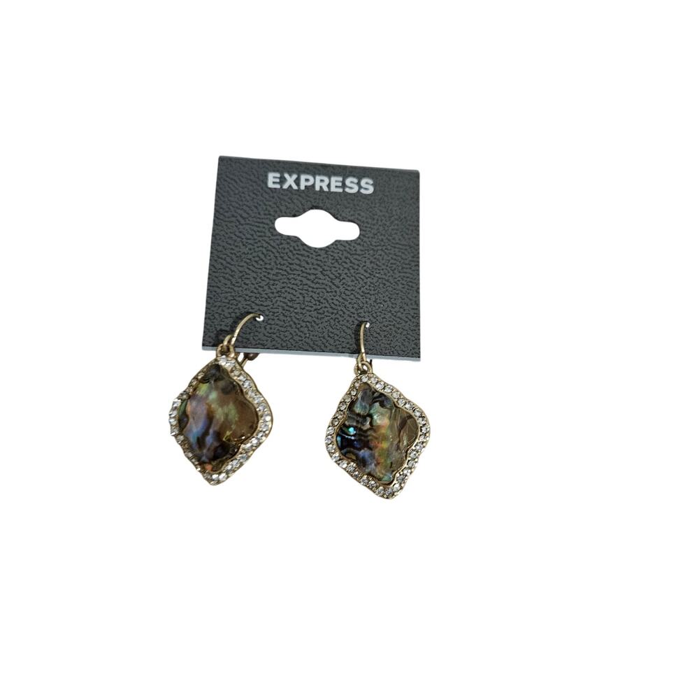 Express Iridescent Abalone Shell Rhinestone Gold Tone Drop Earrings